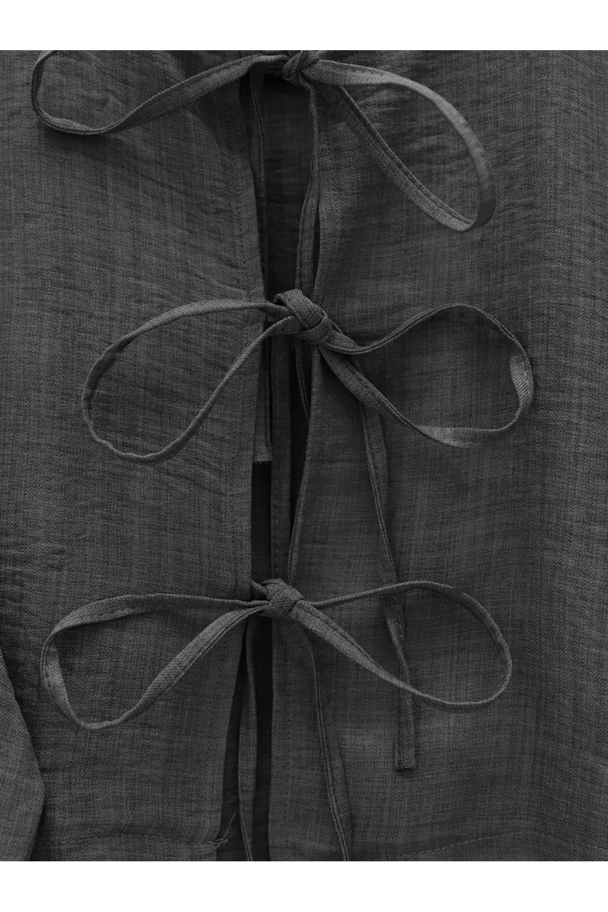 Önü Bağcıklı Beli Lastikli Etekli Keten Takım  -Antrasit