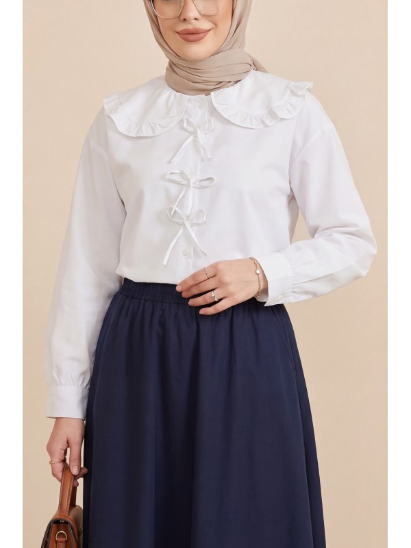 Bebe Yaka Kurdele Detaylı Gömlek     -Beyaz