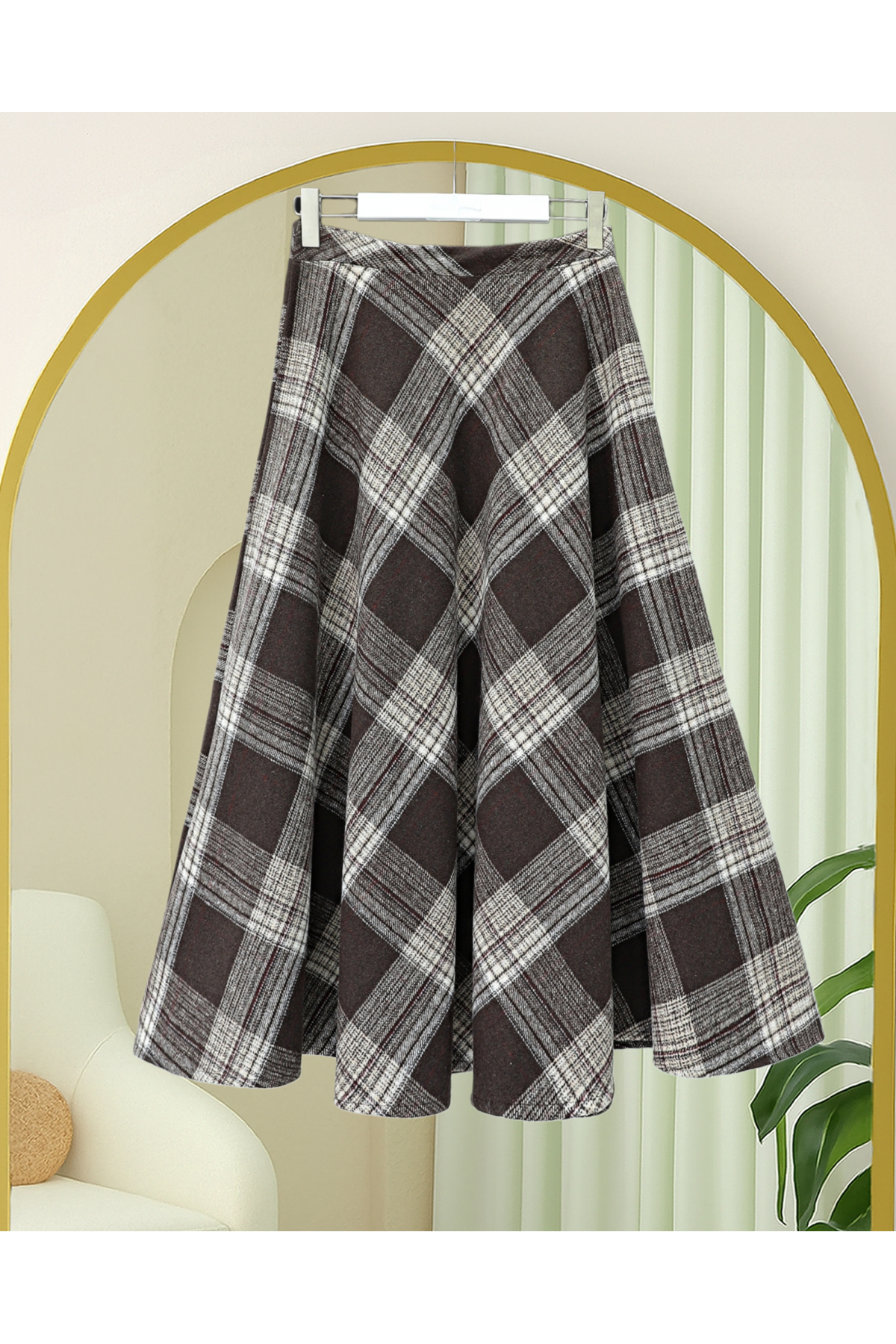 Ekose Desenli Yanı Fermuarlı  Kaşe Çan Etek    -Kahve