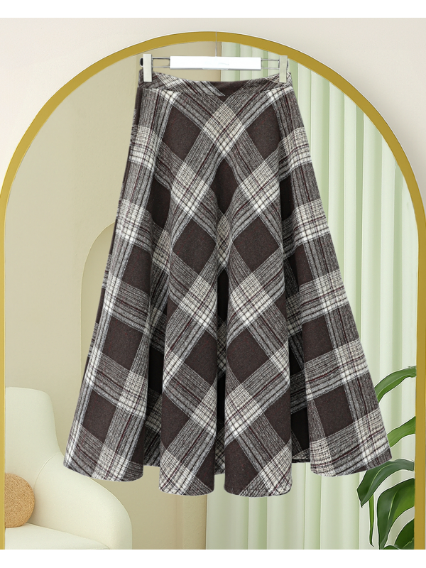 Ekose Desenli Yanı Fermuarlı  Kaşe Çan Etek    -Kahve