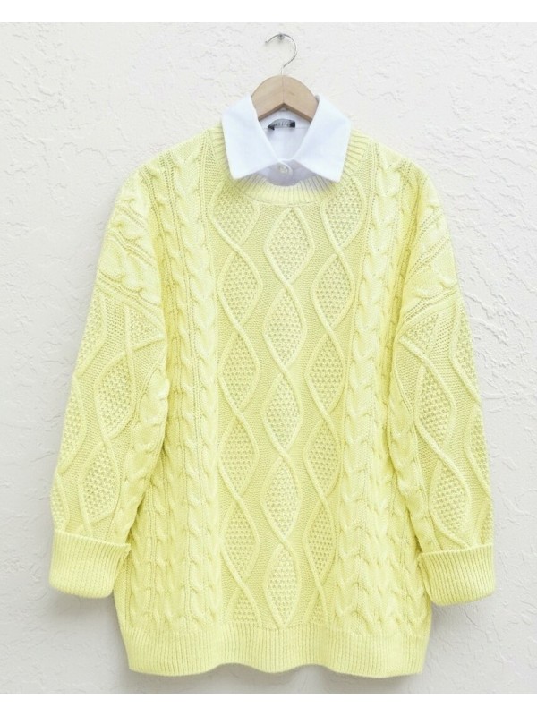 Petek Desen Kışlık Salaş Triko Kazak             -Açık Sarı