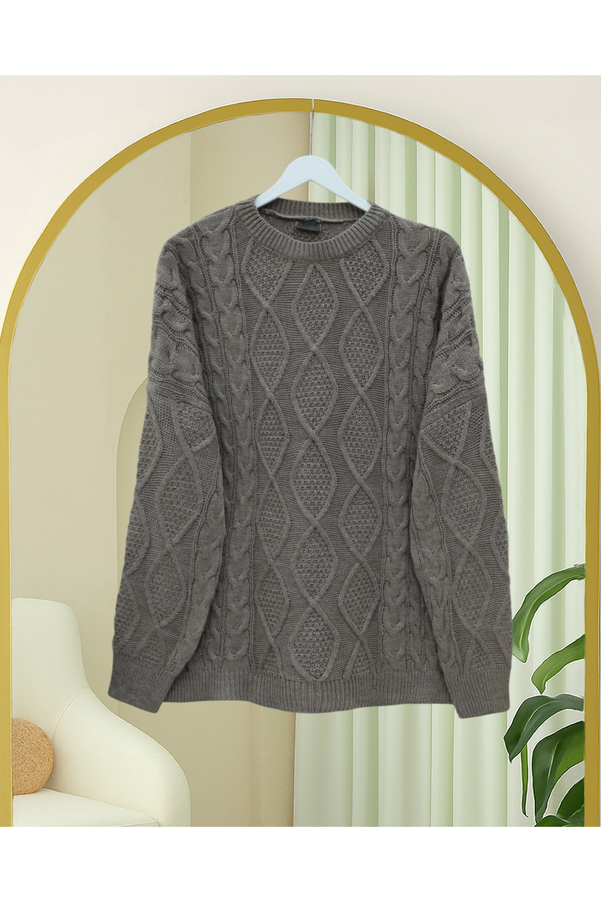 Petek Desen Kışlık Salaş Triko Kazak             -Toprak