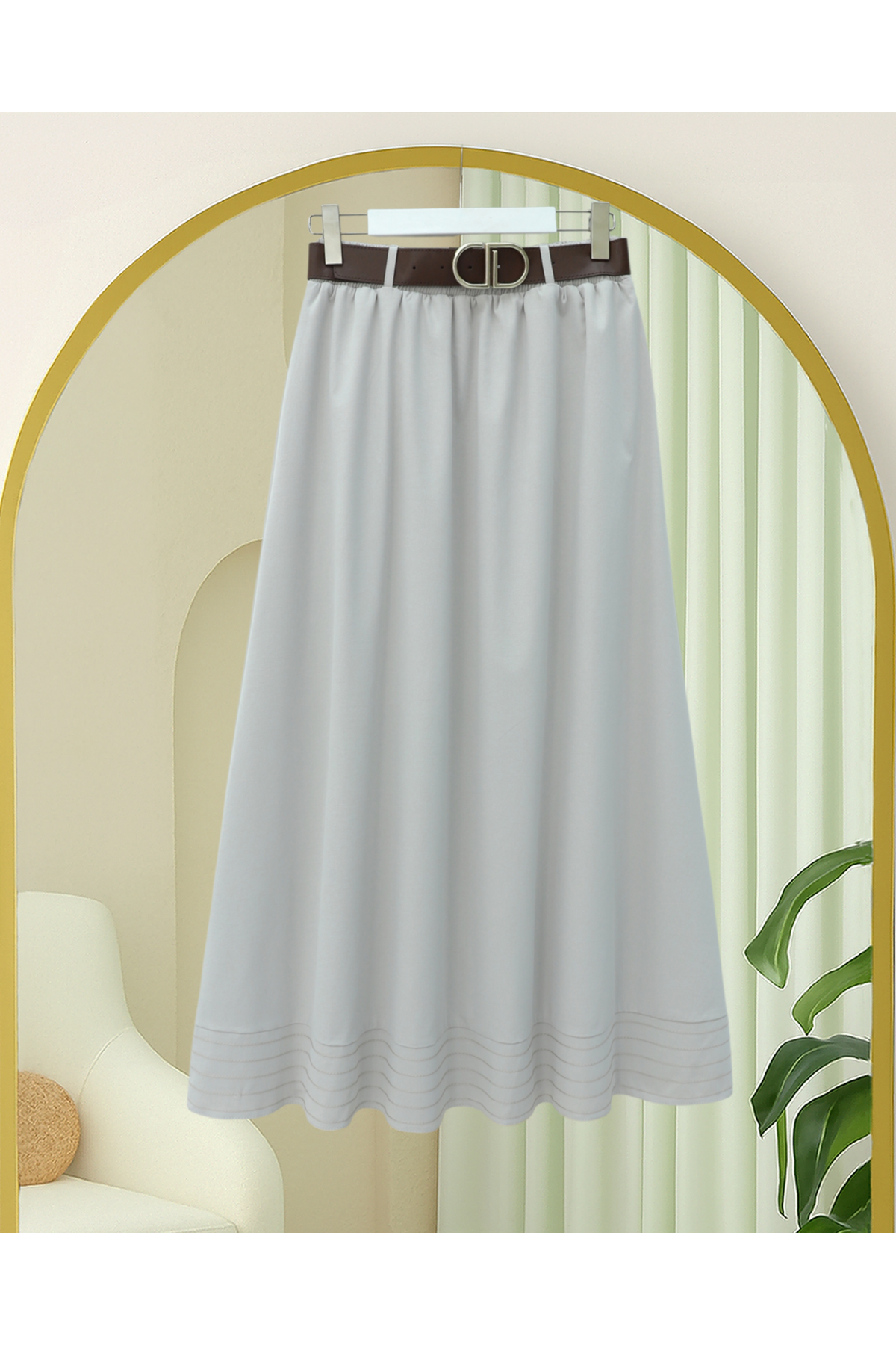 Etek Ucu Dikiş Detaylı Beli Lastikli Astarlı İthal Soft Gabardin Etek -Taş