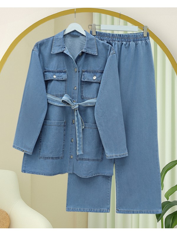 Beli Kemerli Cepli Önü Düğmeli Kot Takım  -Buz Mavi