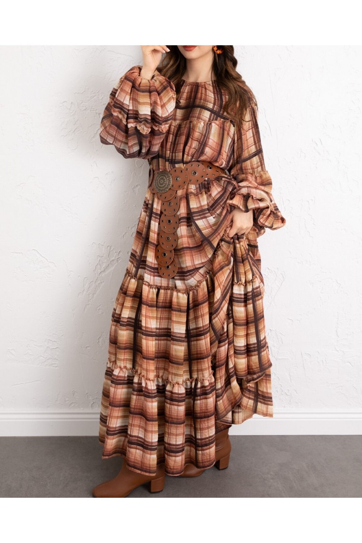 Kolu Lastikli Beli Bağlamalı Katlı Fırfır Detaylı Desenli Elbise -Kiremit