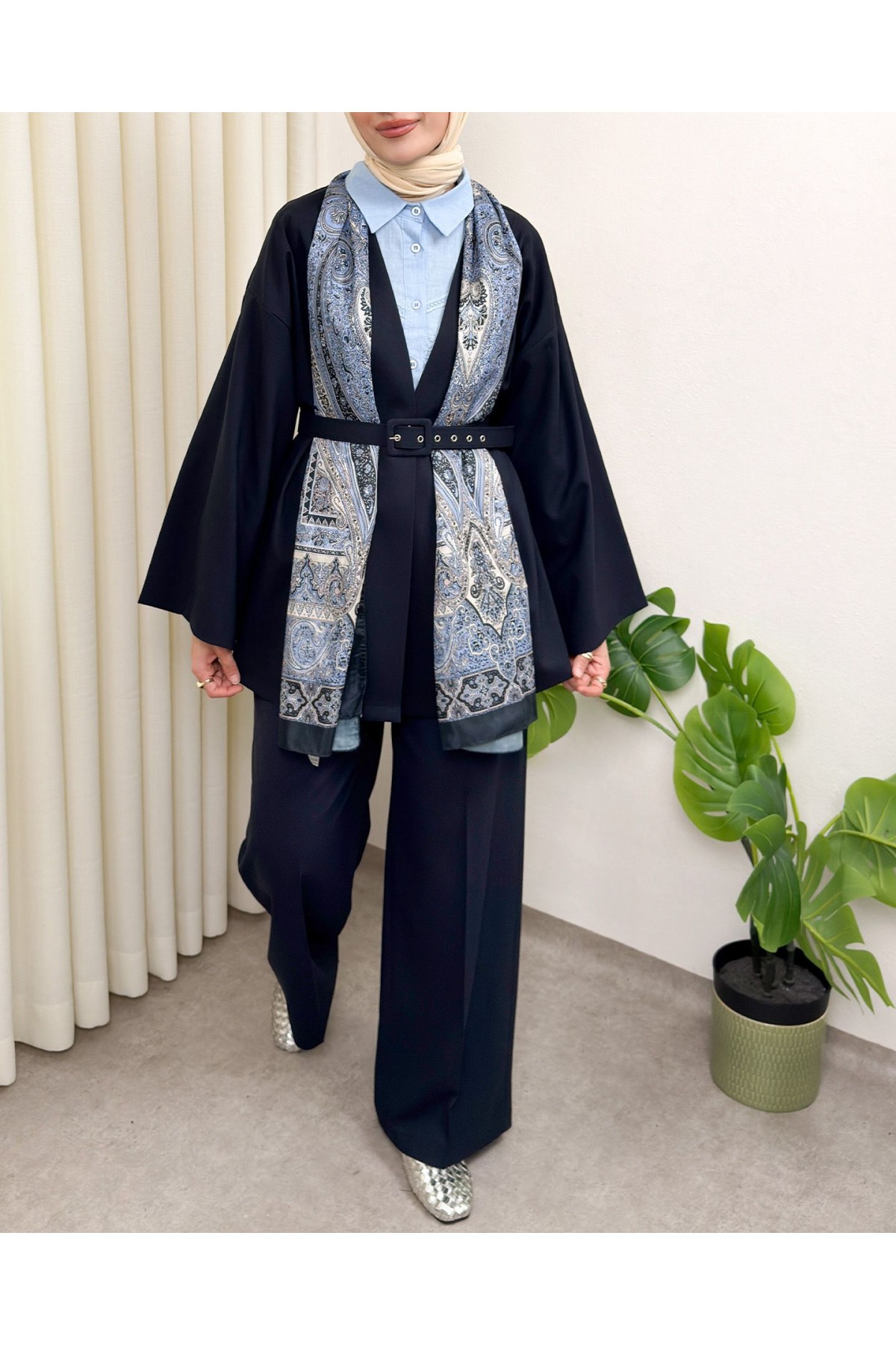 Kemerli Pantolonlu Kimono Takım  -Laci