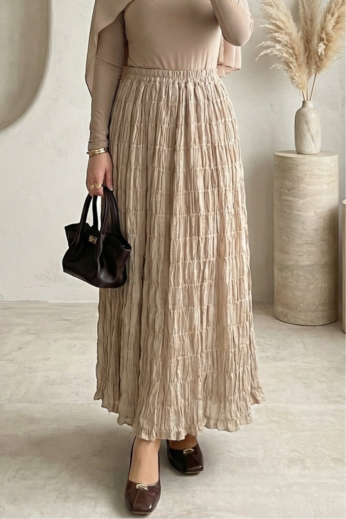 Astarlı Gipeli Modal Etek -Bej