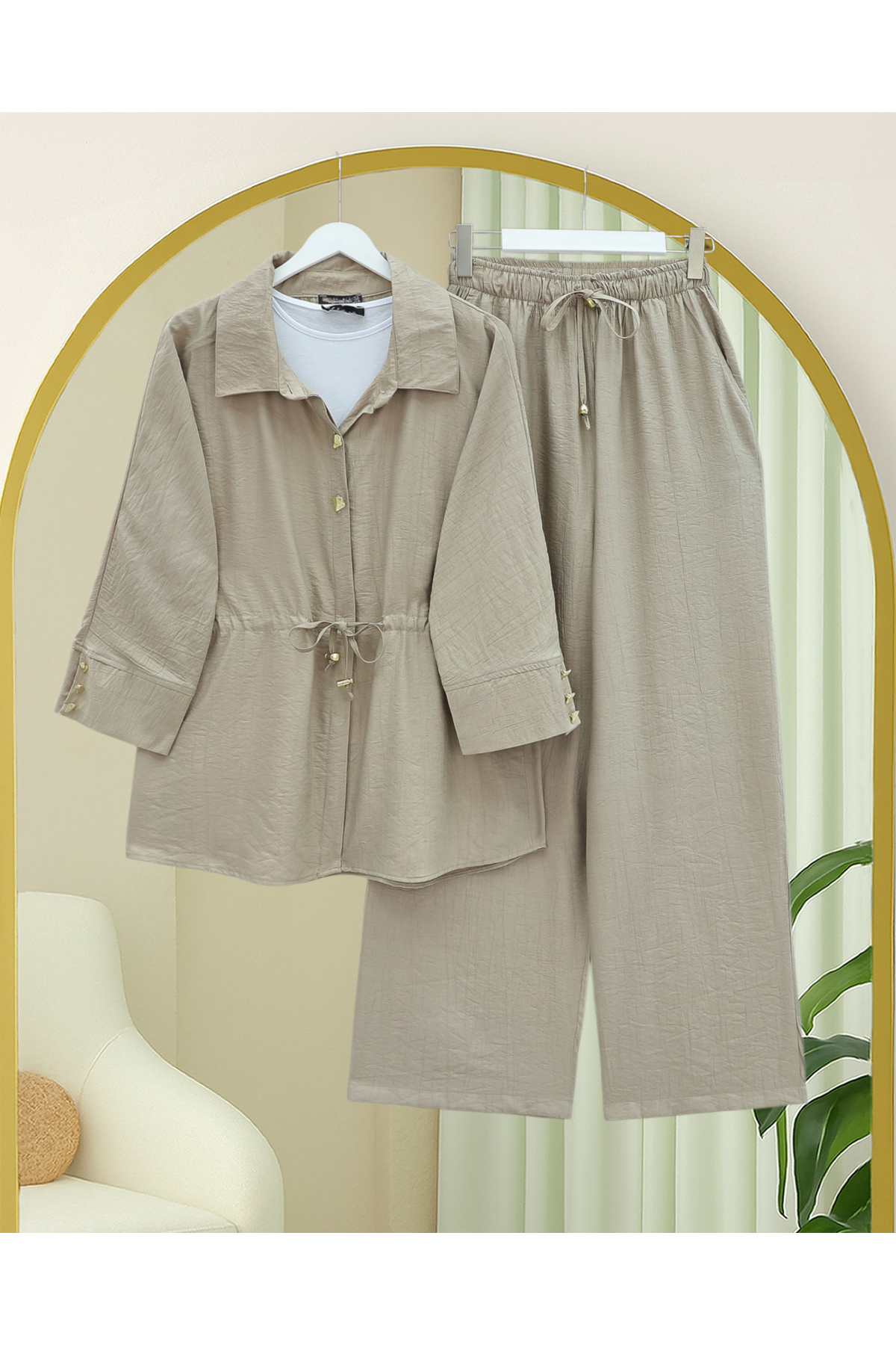 Tünel Bağcıklı Beli Lastikli Pantolonlu Pamuklu Krinkıl Takım -Vizon