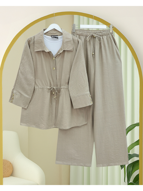 Tünel Bağcıklı Beli Lastikli Pantolonlu Pamuklu Krinkıl Takım -Vizon