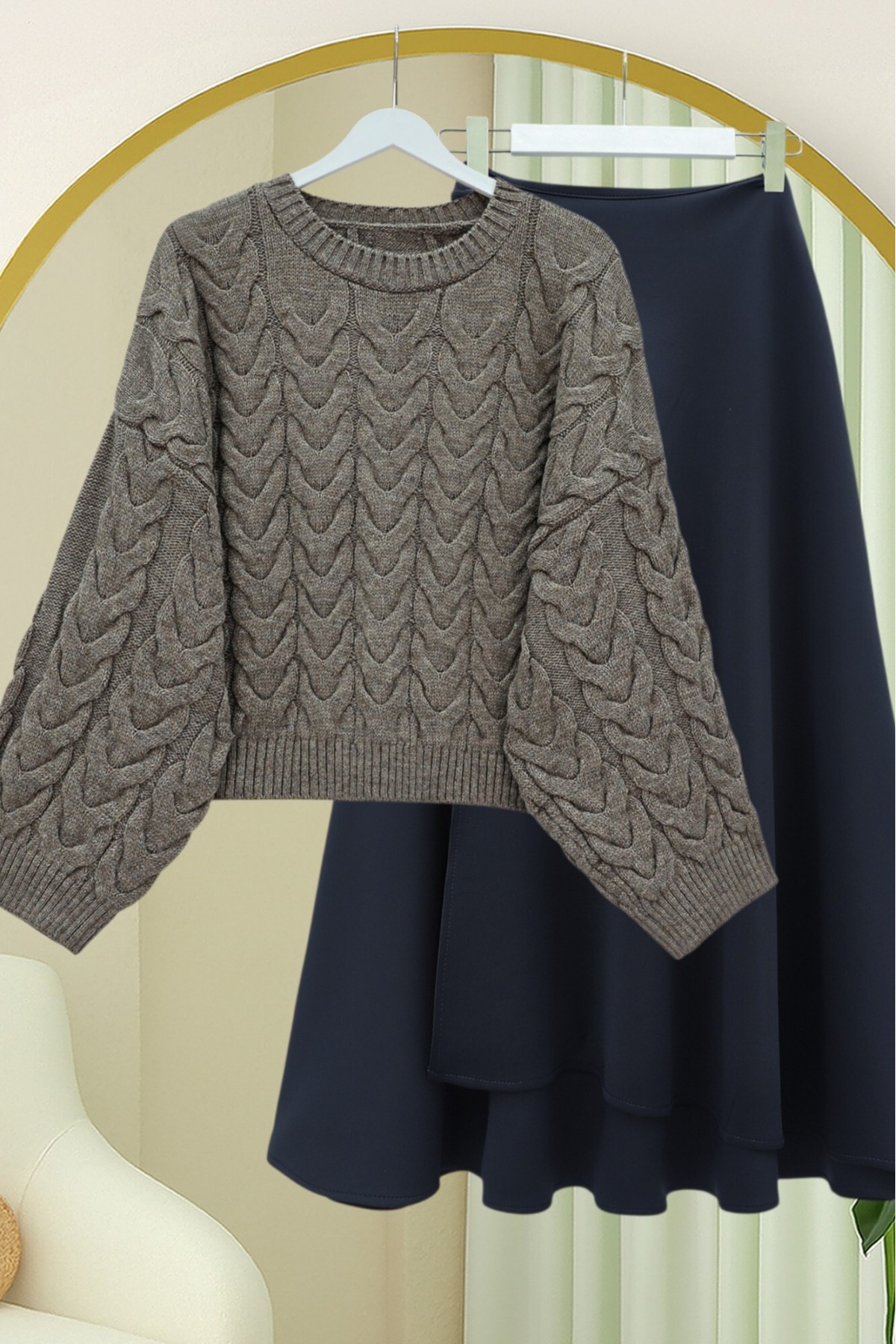 Örgü Desenli Salaş Krop Triko Kazak -Toprak