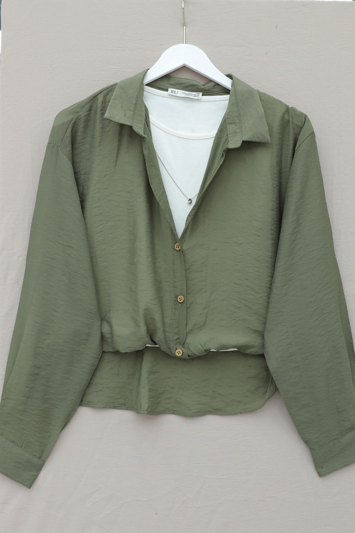 Crop Badyli  Kolyeli Arkası Uzun Gömlek -Haki