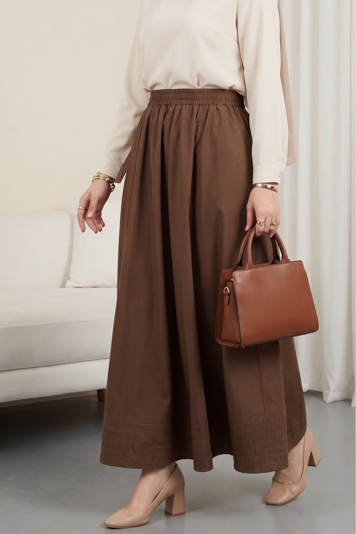 Beli Lastikli Cepli Dikiş Detaylı Etek  -Taba