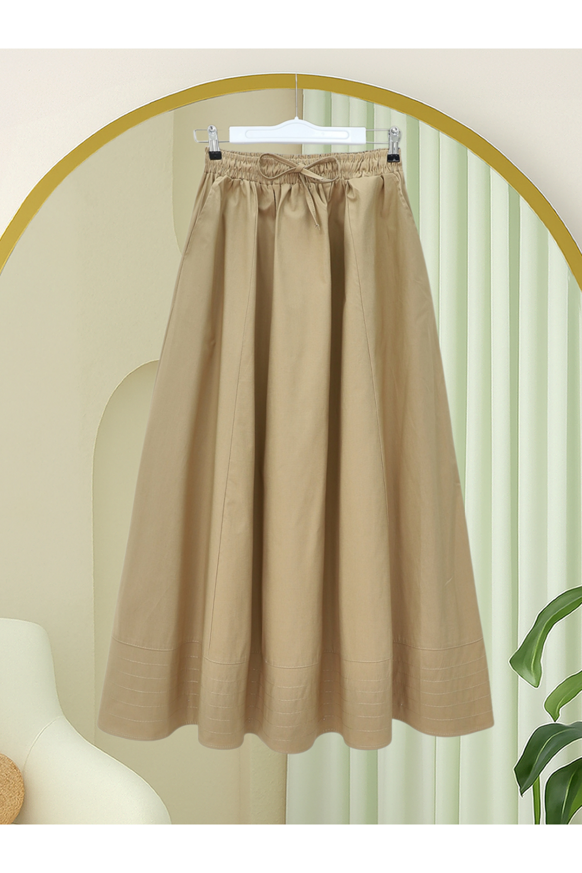 Beli Lastikli Cepli Dikiş Detaylı Etek  -Vizon