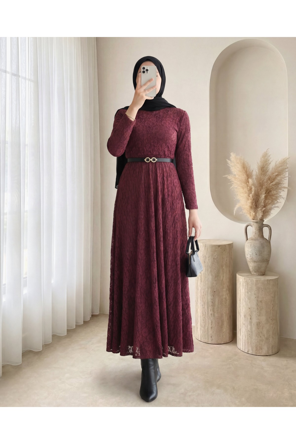 Kemerli Astarlı Güpür Dantel Elbise -Bordo