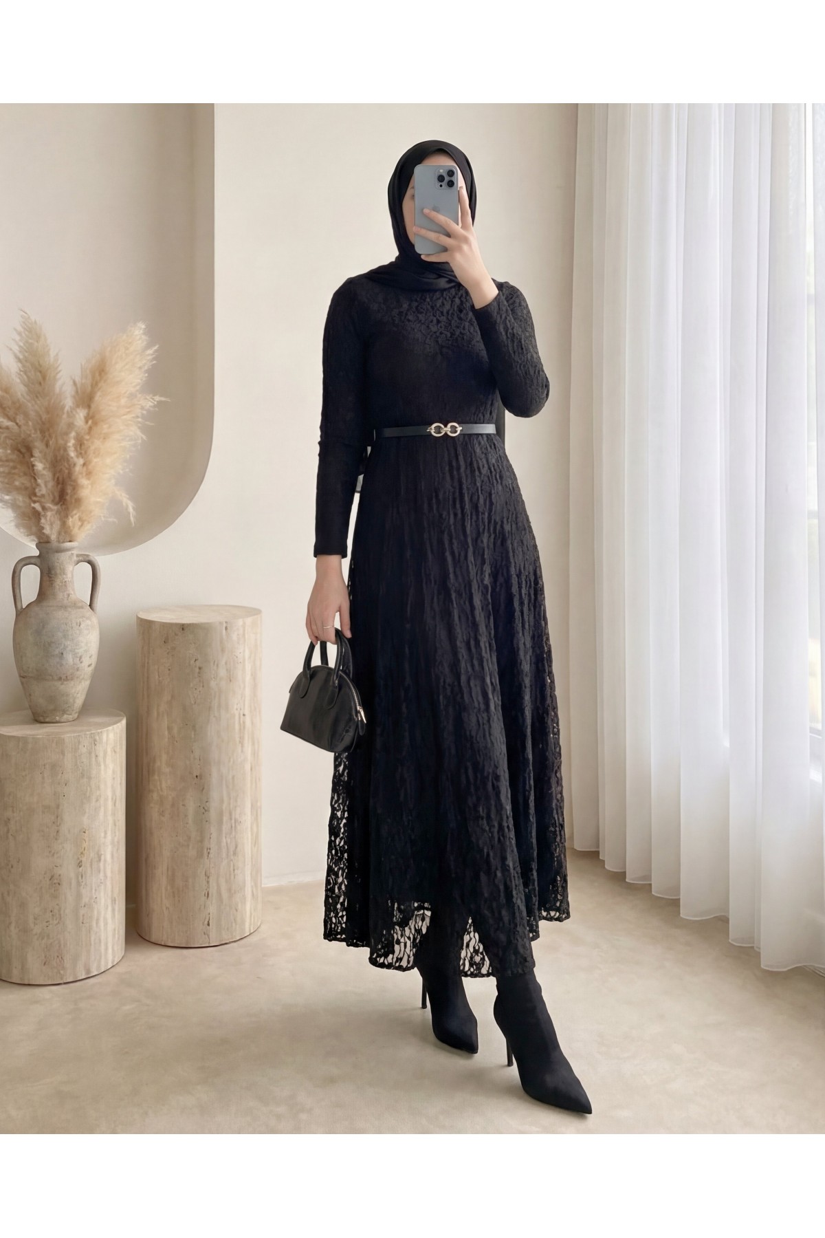 Kemerli Astarlı Güpür Dantel Elbise -Siyah