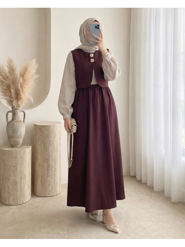 Beli Lastikli Yarım Düğmeli Zra Cupra Yelek Elbise Takım -K. Bordo