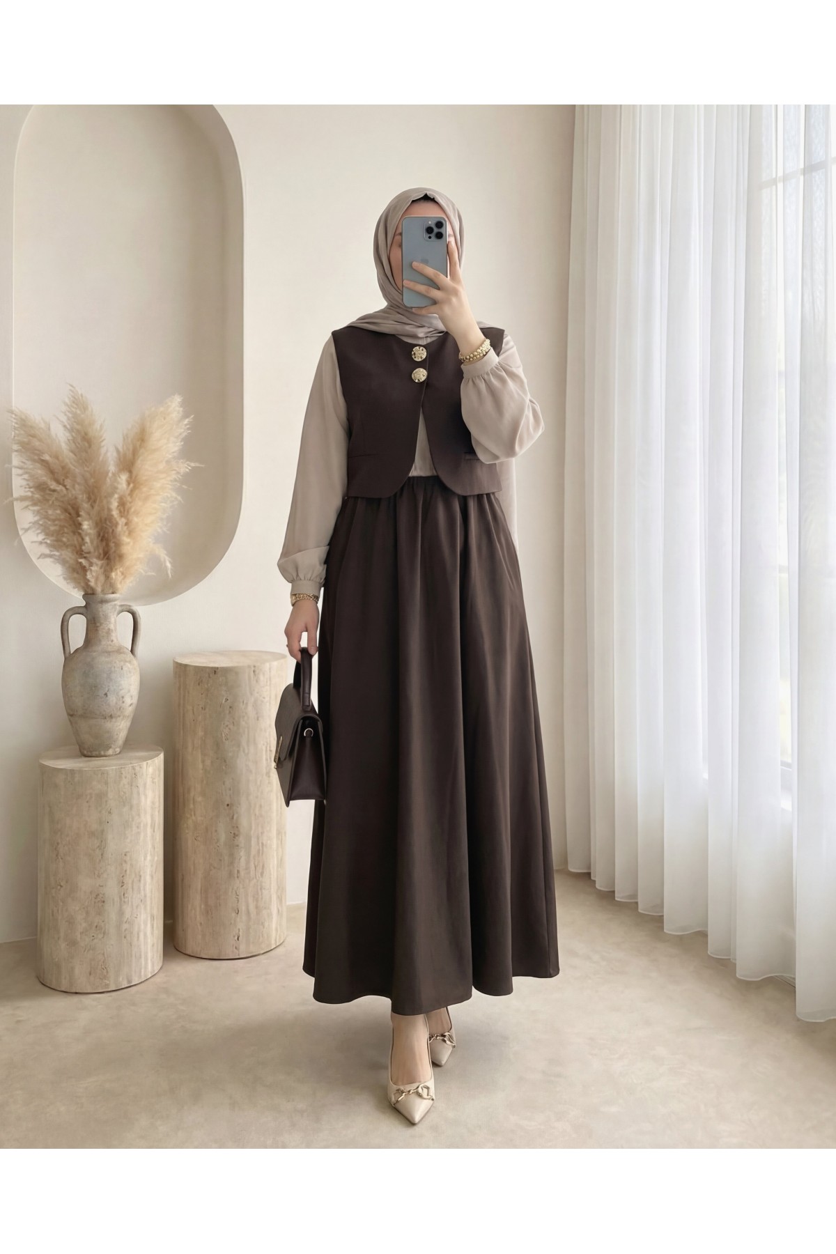 Beli Lastikli Yarım Düğmeli Zra Cupra Yelek Elbise Takım -Kahve