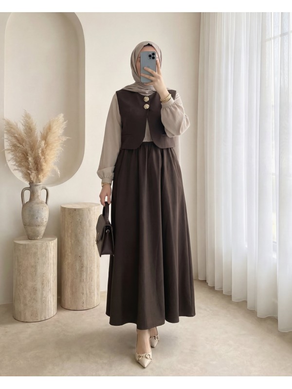 Beli Lastikli Yarım Düğmeli Zra Cupra Yelek Elbise Takım -Kahve