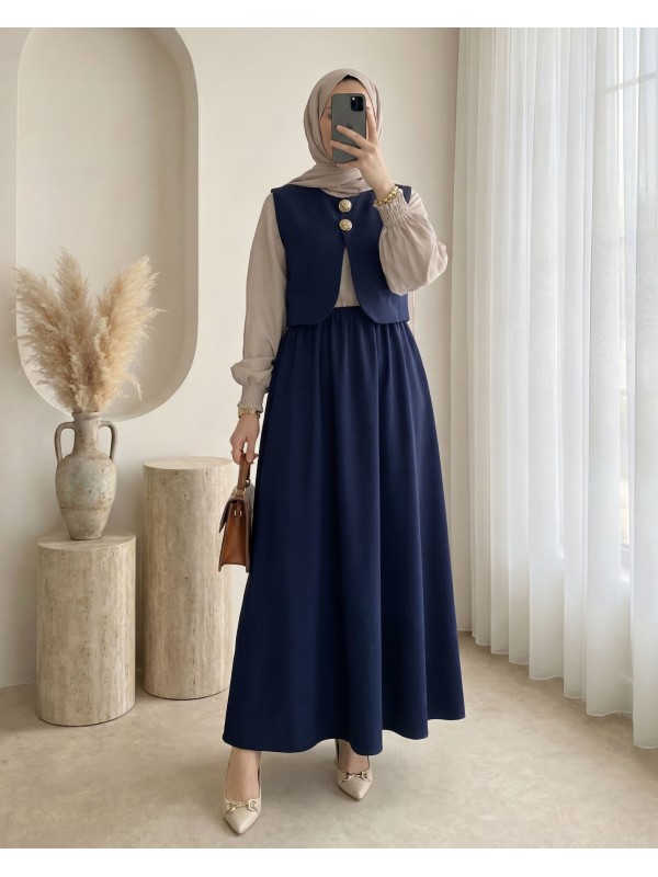 Beli Lastikli Yarım Düğmeli Zra Cupra Yelek Elbise Takım -Laci