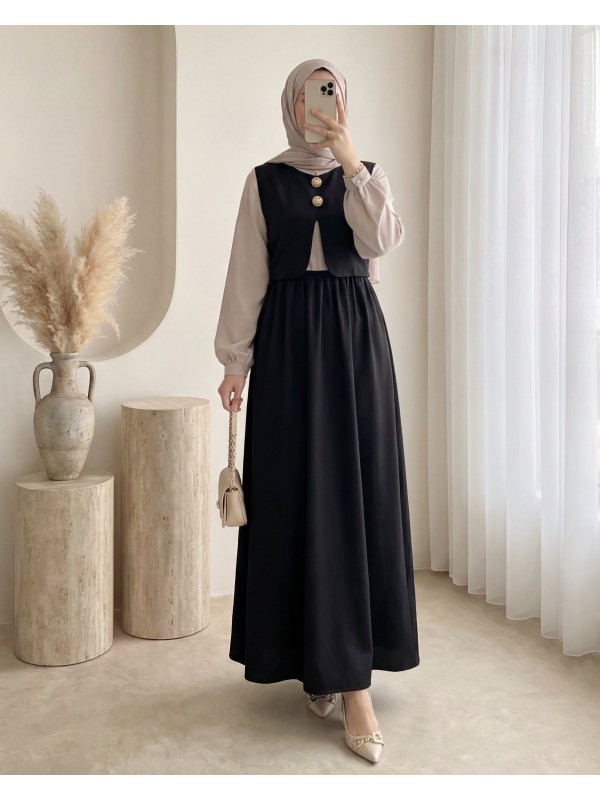 Beli Lastikli Yarım Düğmeli Zra Cupra Yelek Elbise Takım -Siyah