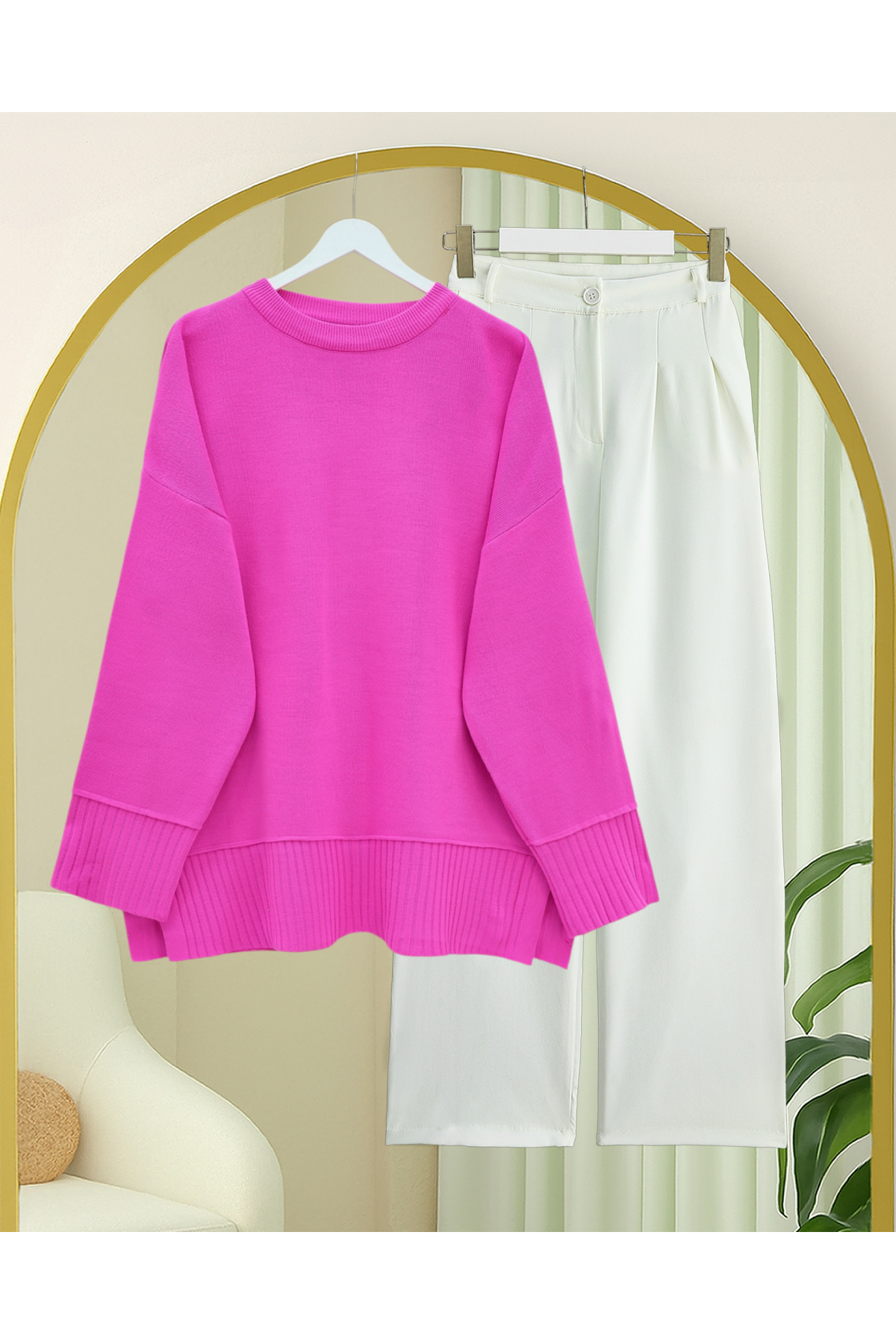 Etek Ucu Ve Kol Manşeti Fitilli Yuvarlak Yaka Yırtmaçlı Triko Tunik -Pembe