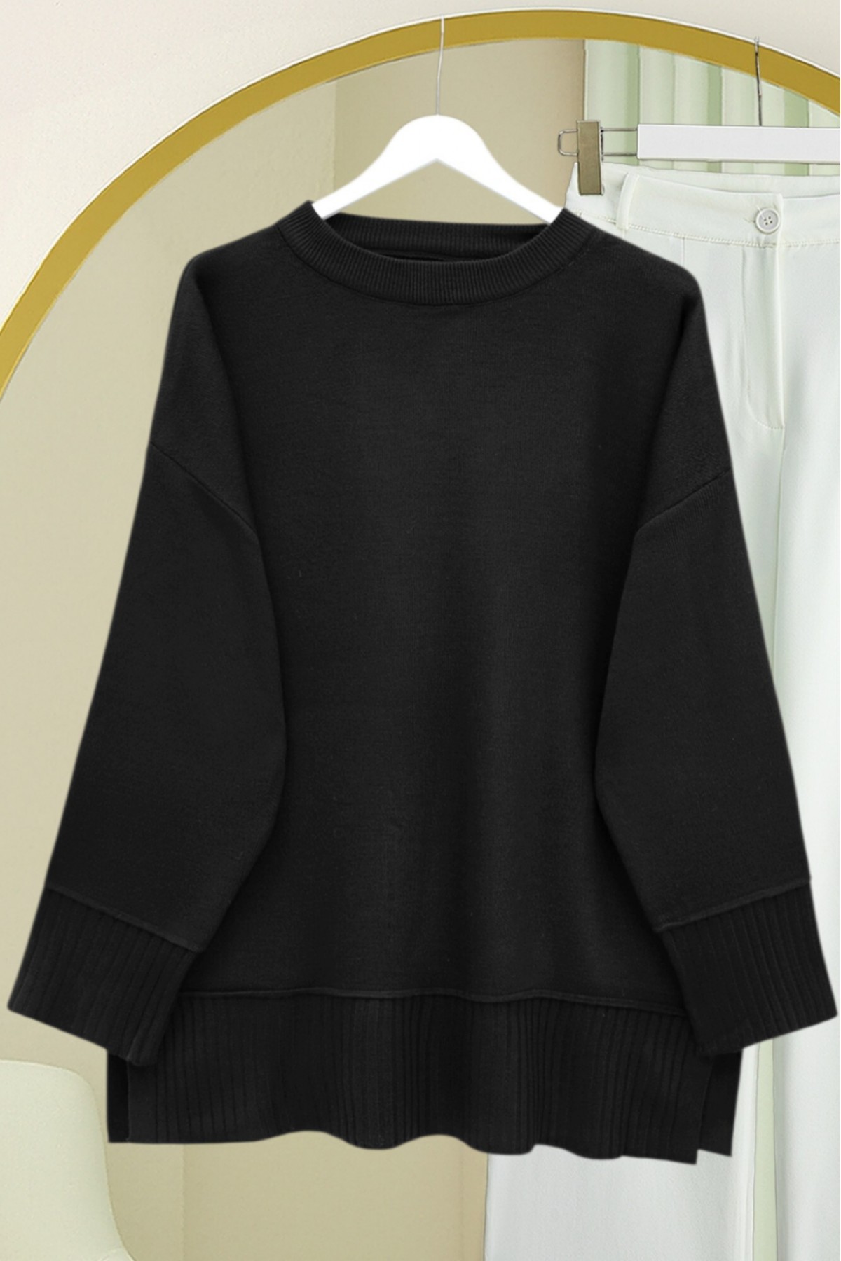 Etek Ucu Ve Kol Manşeti Fitilli Yuvarlak Yaka Yırtmaçlı Triko Tunik -Siyah