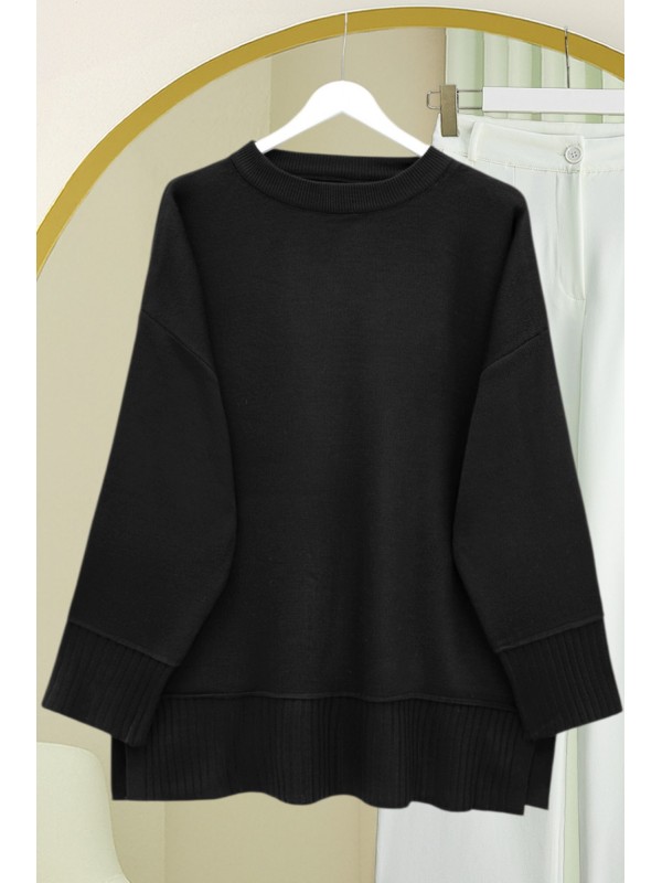 Etek Ucu Ve Kol Manşeti Fitilli Yuvarlak Yaka Yırtmaçlı Triko Tunik -Siyah