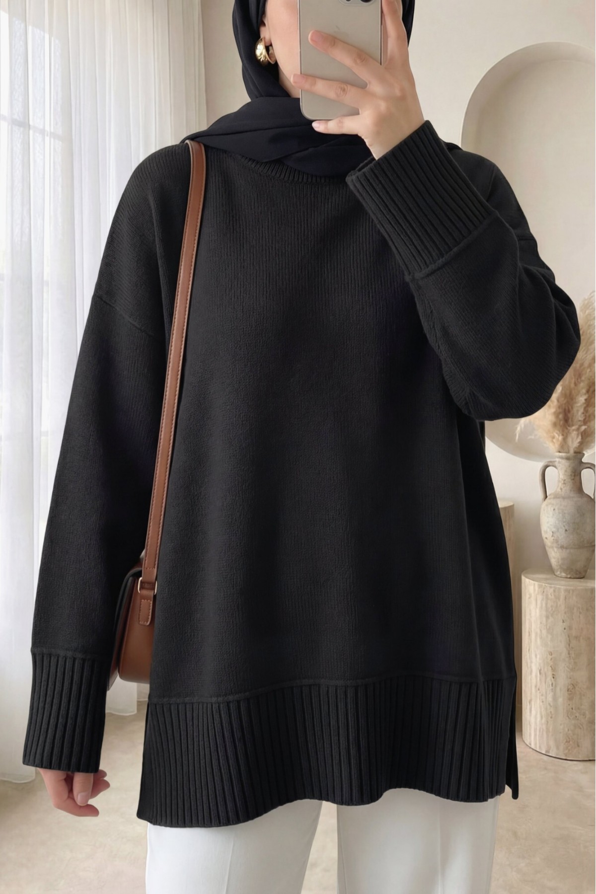 Etek Ucu Ve Kol Manşeti Fitilli Yuvarlak Yaka Yırtmaçlı Triko Tunik -Siyah