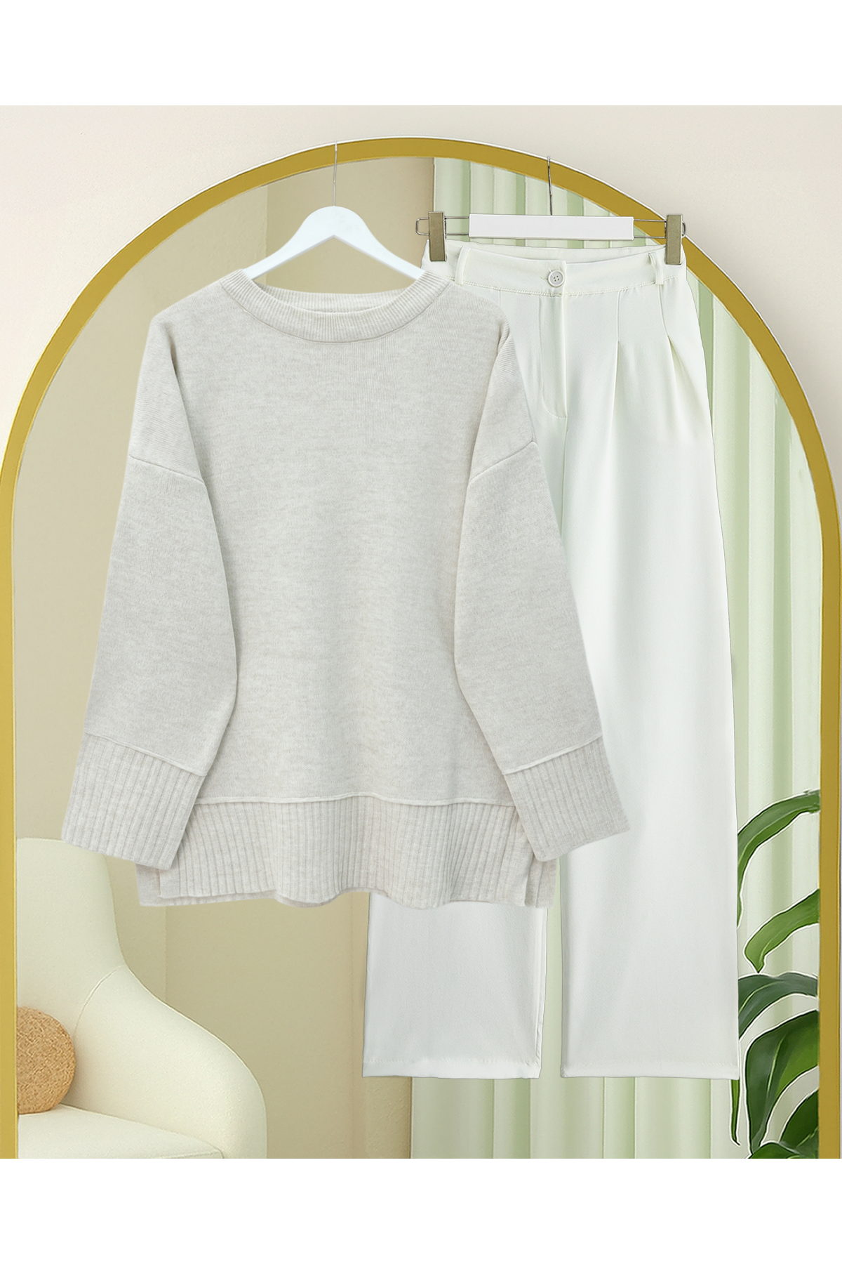 Etek Ucu Ve Kol Manşeti Fitilli Yuvarlak Yaka Yırtmaçlı Triko Tunik -Taş