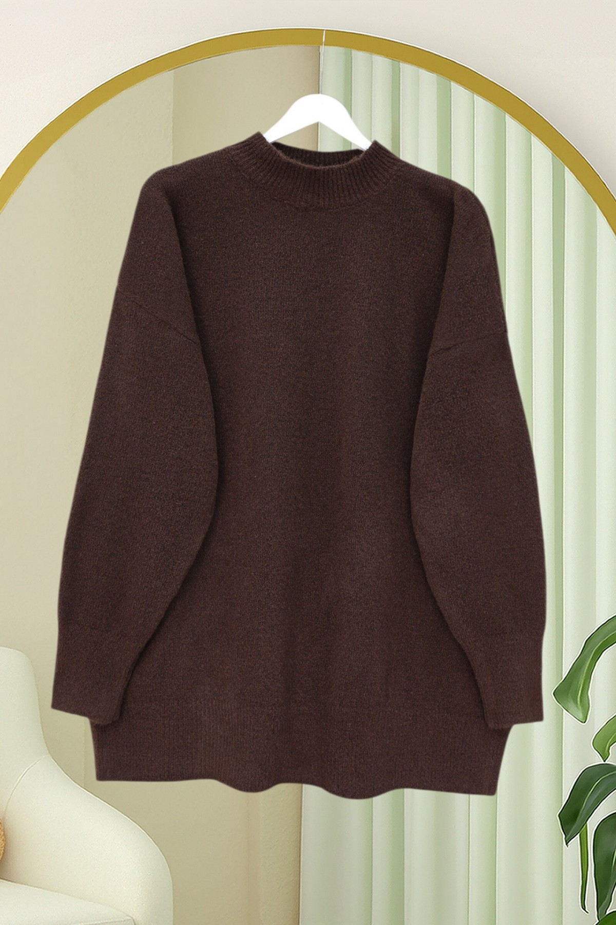 Yarım Boğazlı Yumoş Salaş Triko Kazak  -Kahve