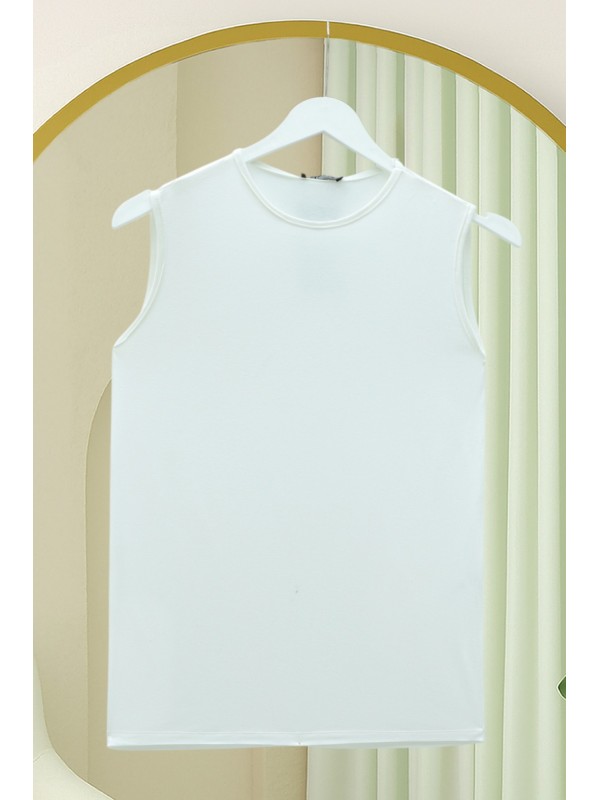 Sıfır Kol Bisiklet Yaka Penye İçlik -Ekru