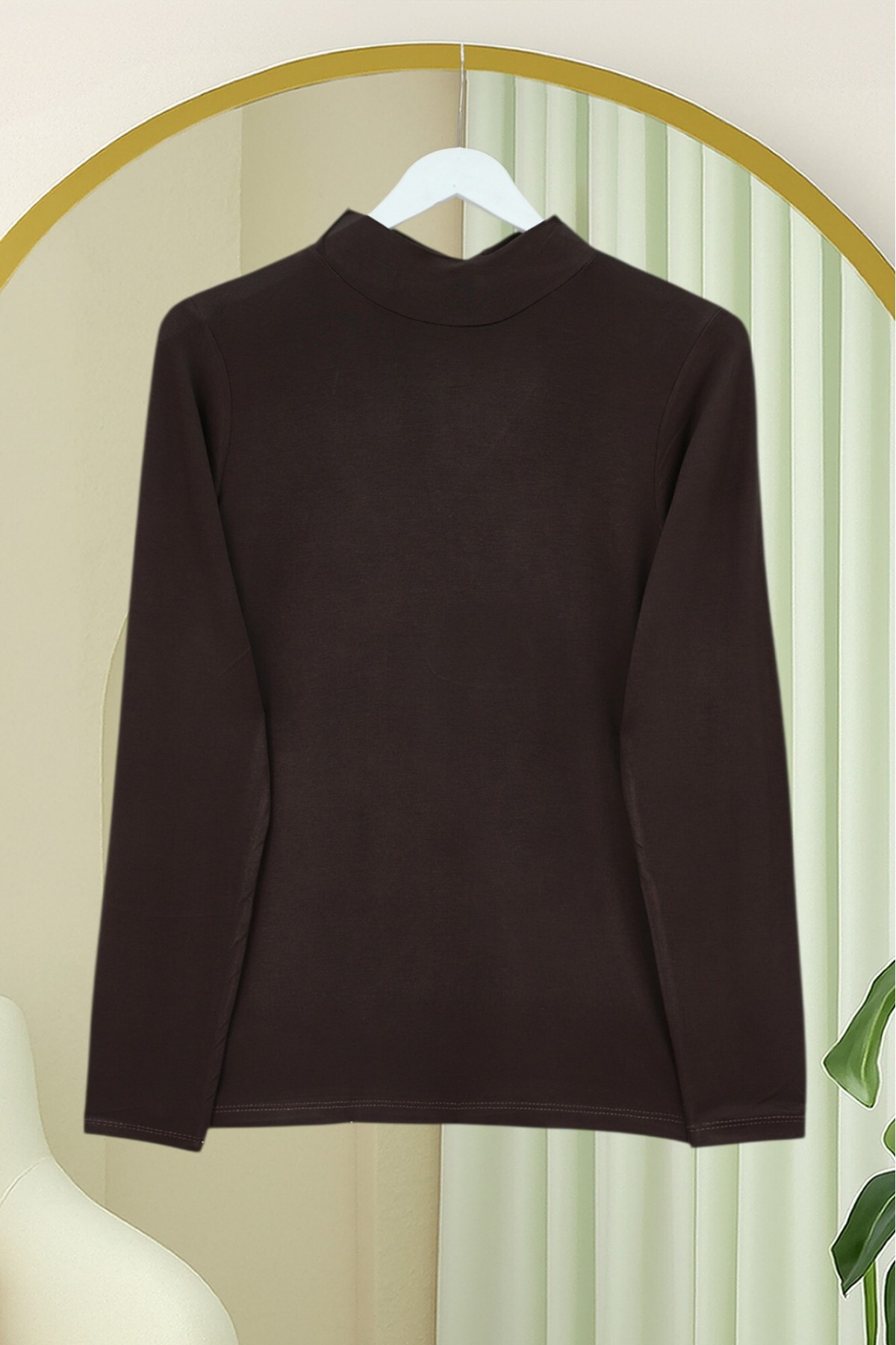 Dik Yaka Uzun Kol İçlik Bluz -Kahve