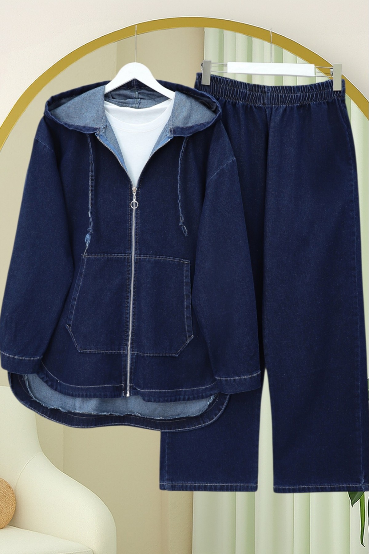 Kapşonlu Kanguru Cepli Oval Kesim Pantolonlu Kot Takım  -İndigo