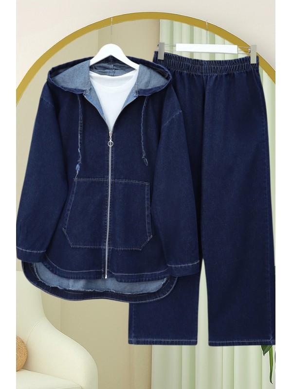 Kapşonlu Kanguru Cepli Oval Kesim Pantolonlu Kot Takım  -İndigo