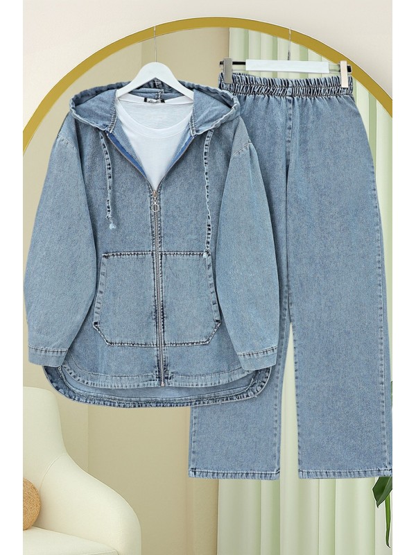 Kapşonlu Kanguru Cepli Oval Kesim Pantolonlu Kot Takım  -Mavi