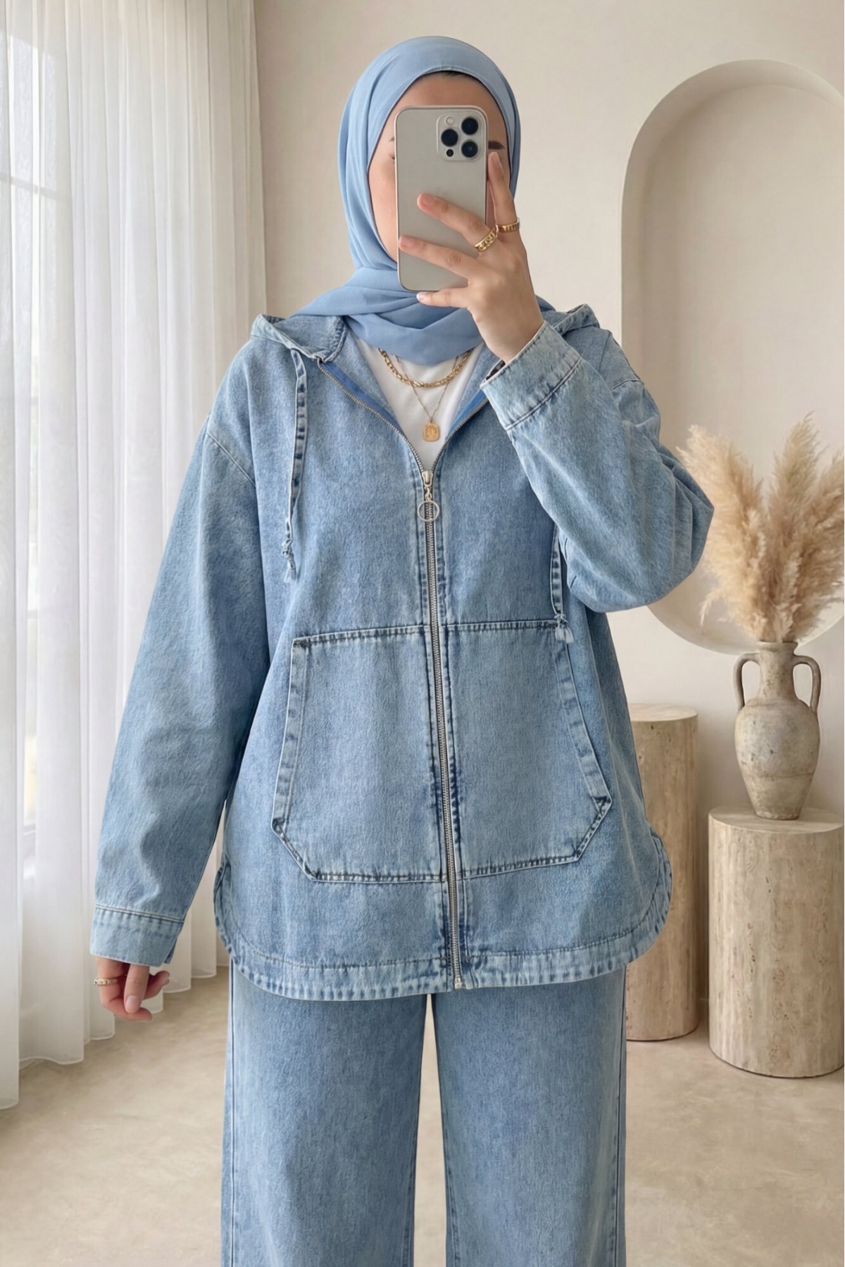 Kapşonlu Kanguru Cepli Oval Kesim Pantolonlu Kot Takım  -Mavi