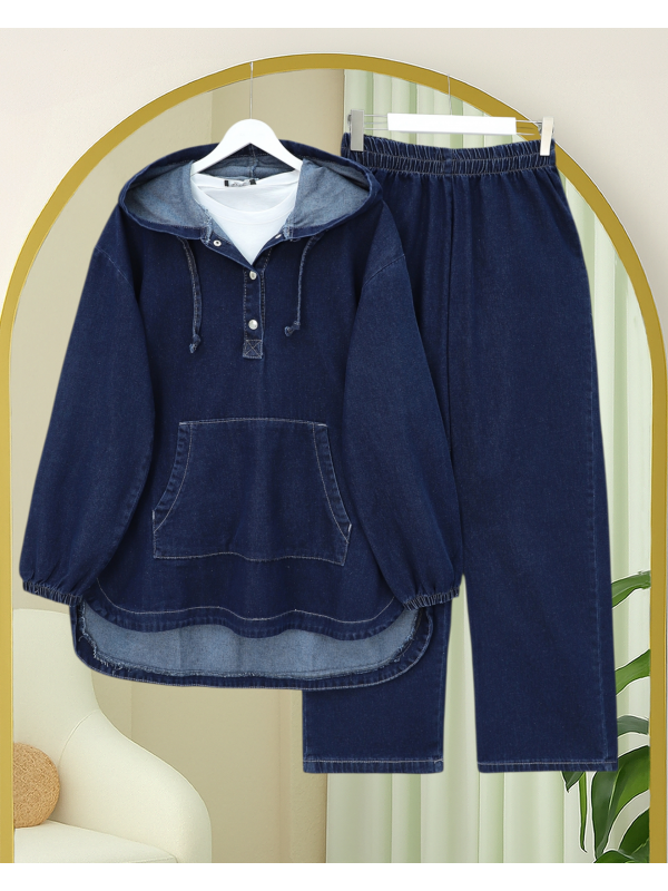 Kanguru Cepli Kapşonlu Önü Çıtçıtlı Kot Takım -Laci