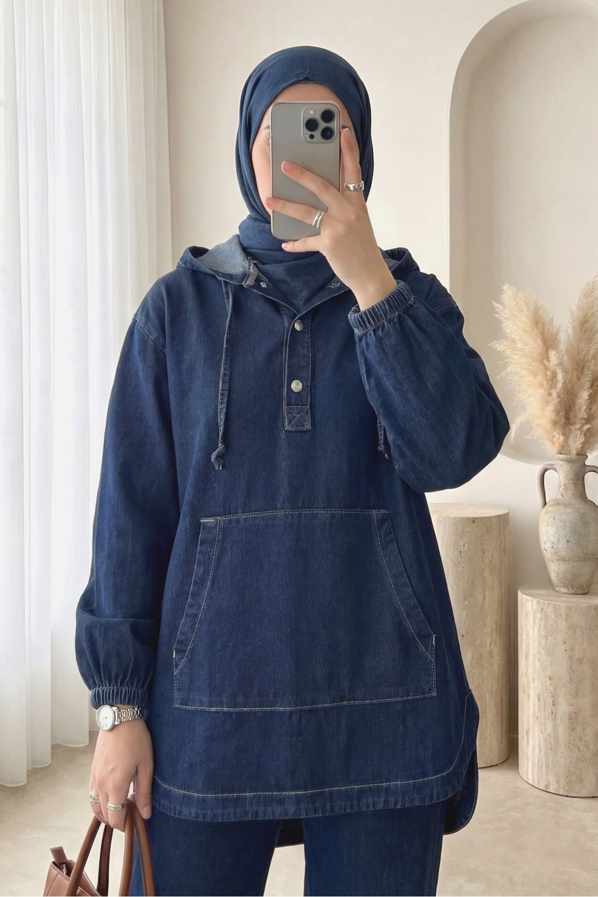 Kanguru Cepli Kapşonlu Önü Çıtçıtlı Kot Takım -Laci