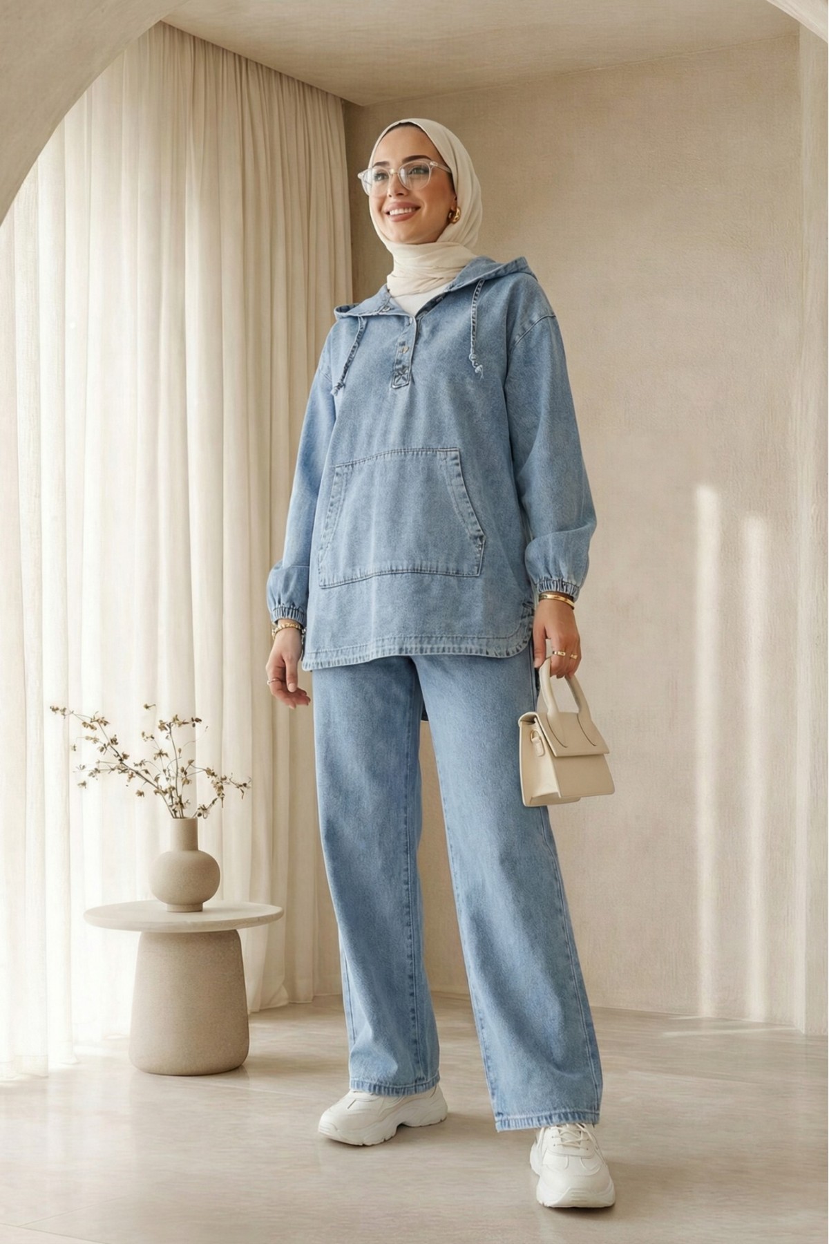 Kanguru Cepli Kapşonlu Önü Çıtçıtlı Kot Takım -Mavi