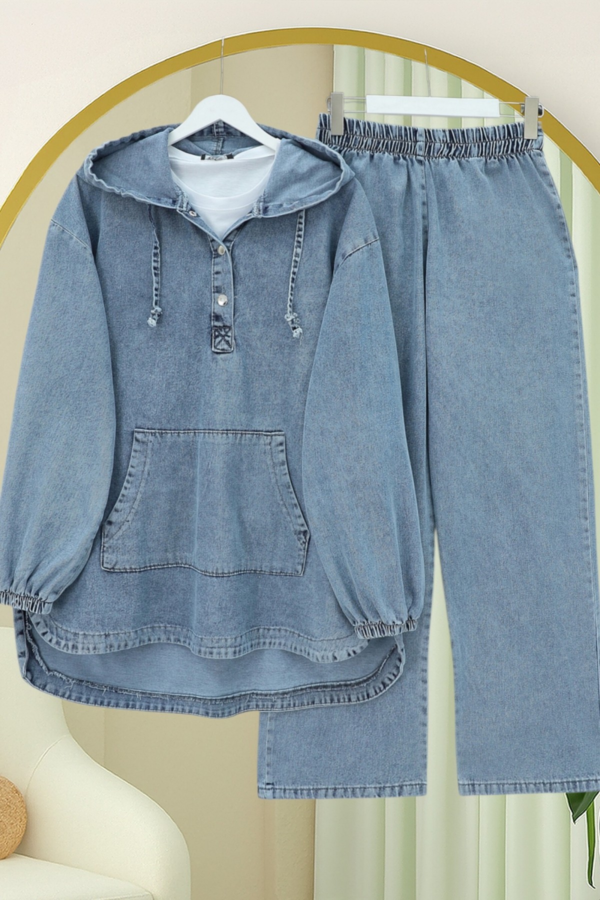 Kanguru Cepli Kapşonlu Önü Çıtçıtlı Kot Takım -Mavi