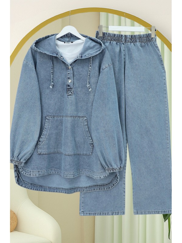 Kanguru Cepli Kapşonlu Önü Çıtçıtlı Kot Takım -Mavi