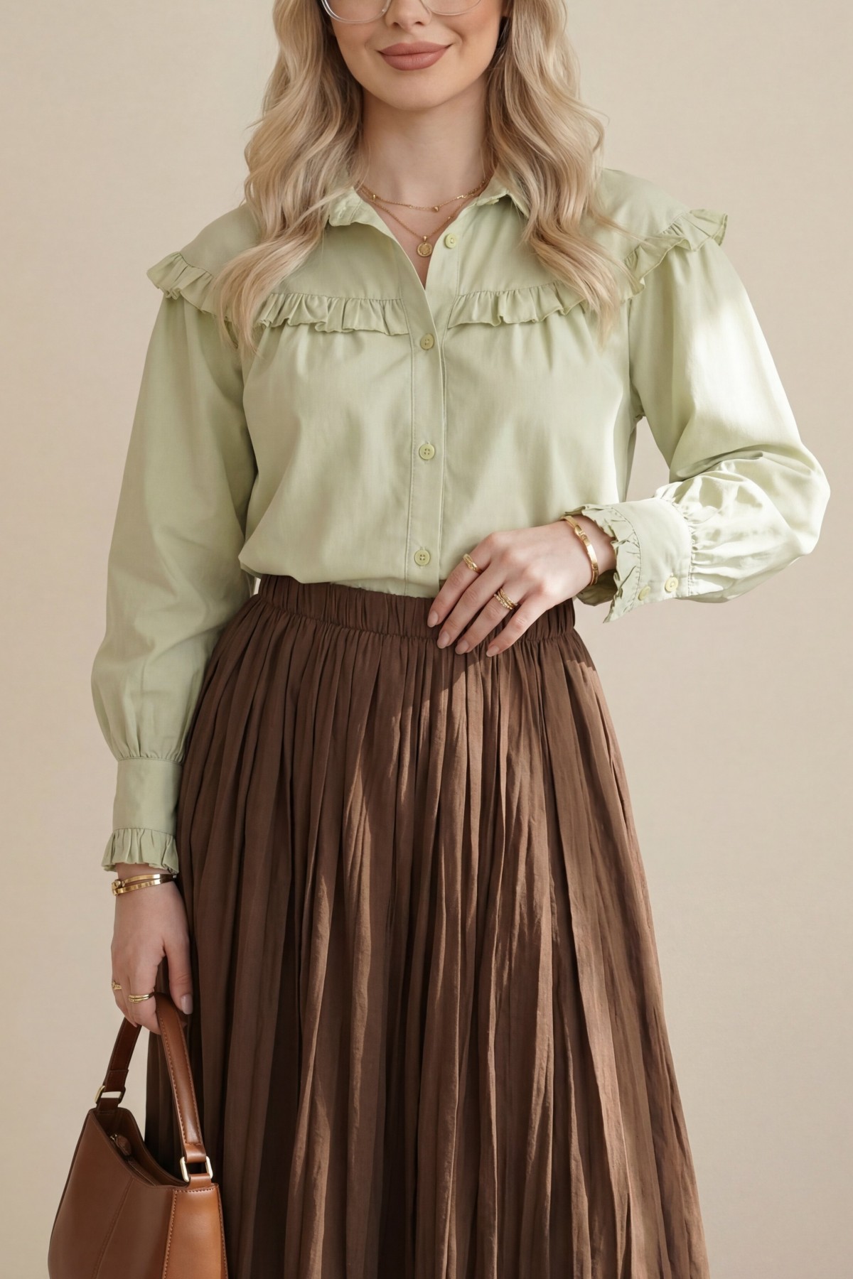 Fırfır Detaylı Düğmeli Kısa Gömlek -Zeytin