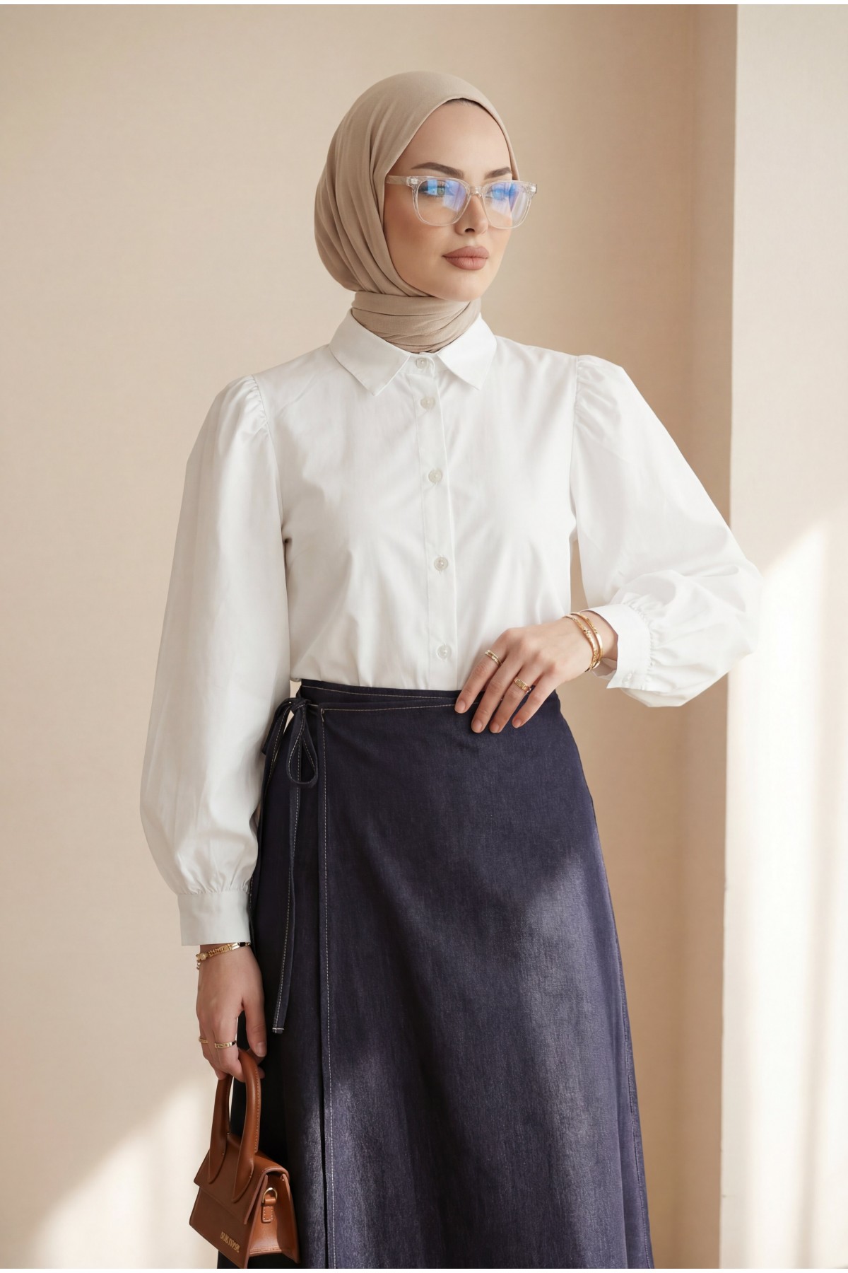 Balon Kol Düğmeli Kısa Poplin Gömlek -Beyaz