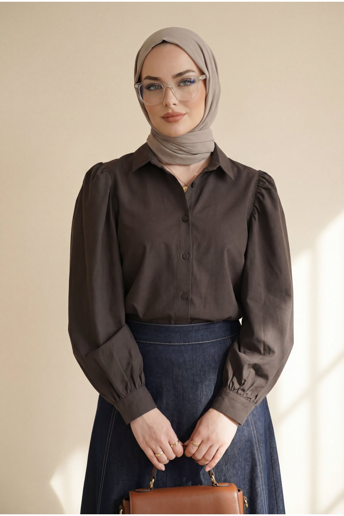 Balon Kol Düğmeli Kısa Poplin Gömlek -K. Kahve