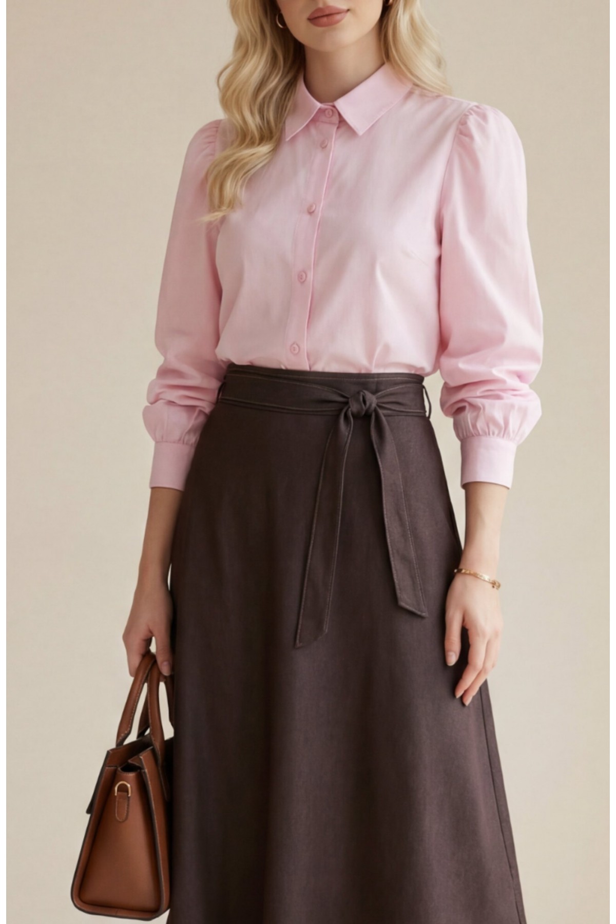 Balon Kol Düğmeli Kısa Poplin Gömlek -Pembe