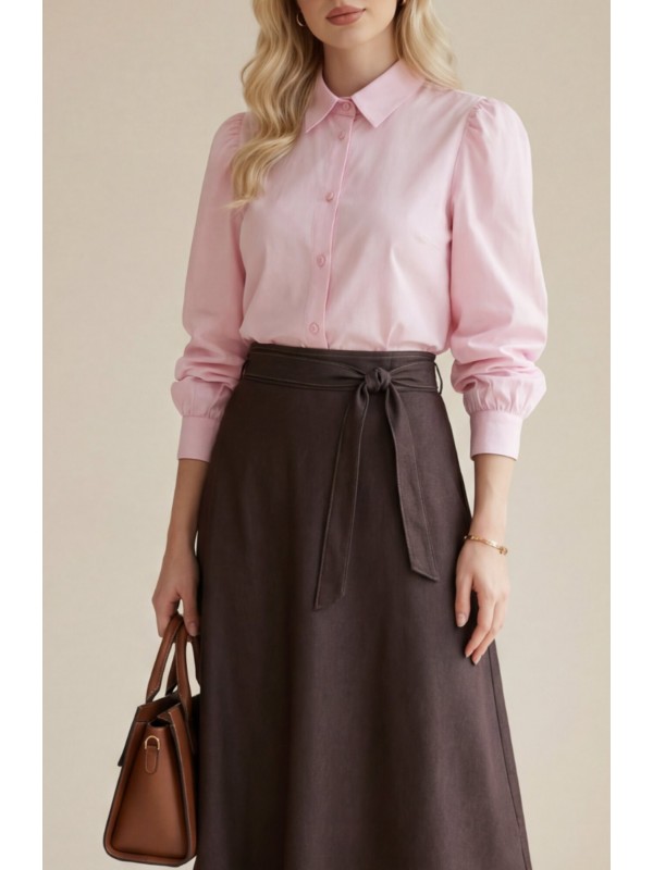 Balon Kol Düğmeli Kısa Poplin Gömlek -Pembe
