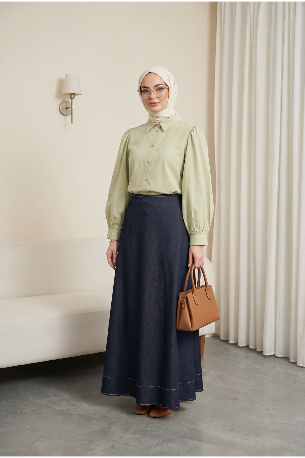 Balon Kol Düğmeli Kısa Poplin Gömlek -Zeytin