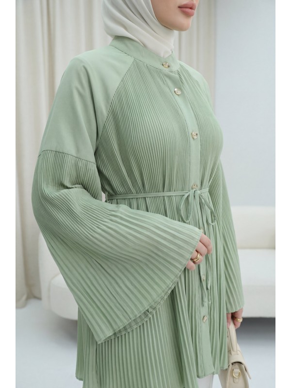 Gold Düğmeli Önü Ve Kolları Pliseli Bağcıklı Gömlek -A.Yeşil