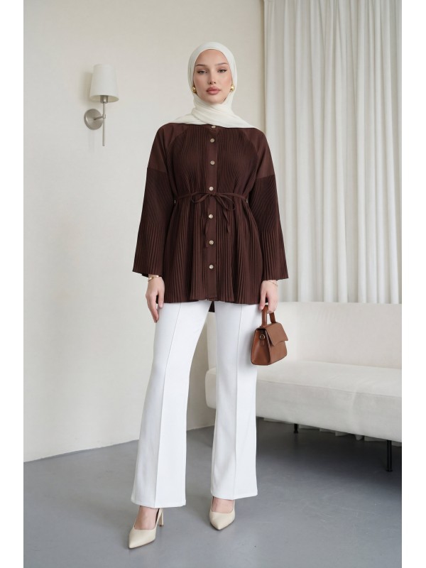 Gold Düğmeli Önü Ve Kolları Pliseli Bağcıklı Gömlek -Kahve