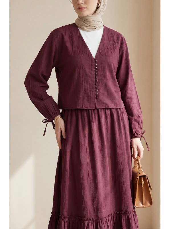 V Yaka Kolları Bağcıklı Top Düğmeli Etekli Viskon Takım  -Bordo